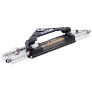 SeaStar HC4645 BayStar hydraulic cylinder - black cylinder with silver rods and triangular mounting bracket