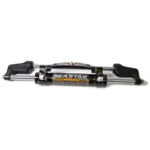 SeaStar HC6345-3 hydraulic cylinder - black labelled cylinder with silver rods viewed from the front