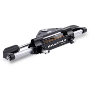 SeaStar HC6845S hydraulic cylinder - black cylinder with silver rods and mounting plate