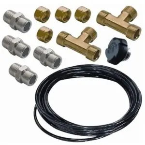SeaStar HF5501 Add A Station fitting kit - fittings and coiled black tubing laid out separately