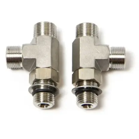 SeaStar HF6006 ORB vertical tee fitting kit - two metal tee fittings with threaded ends and black seals SeaStar HF6006 ORB vertical tee fitting kit - two metal tee fittings with threaded ends and black seals