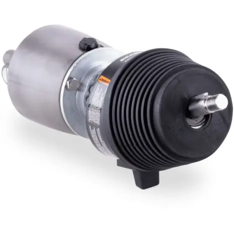 SeaStar HH6192-3 Sport Tilt helm pump - angled view of the metal pump with black ribbed bellows SeaStar HH6192-3 Sport Tilt helm pump - angled view of the metal pump with black ribbed bellows