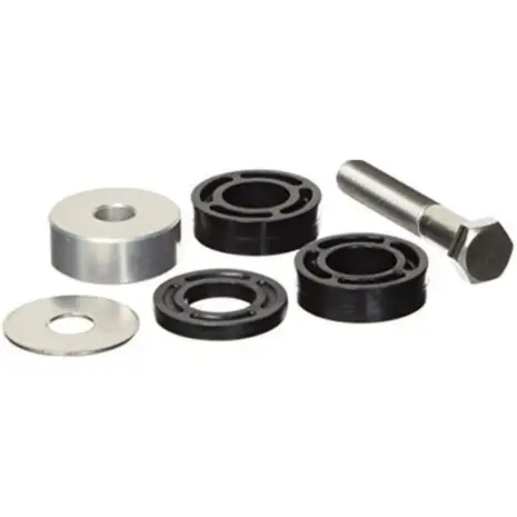 SeaStar HO5090 engine spacer kit - metal bolt washers and black spacers arranged on white SeaStar HO5090 engine spacer kit - metal bolt washers and black spacers arranged on white