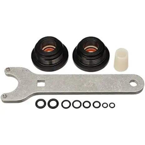 SeaStar HS5157 cylinder seal kit - seals rings sleeve and metal spanner arranged on white SeaStar HS5157 cylinder seal kit - seals rings sleeve and metal spanner arranged on white