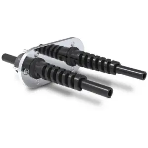 SeaStar HO7200 dual hose bulkhead fittings - two black hose fittings with wide silver mounting flange