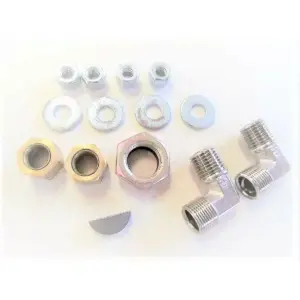 SeaStar HP5652 helm mounting hardware - nuts washers elbow fittings and key laid out separately