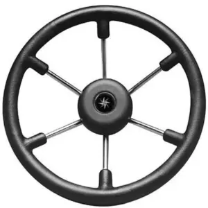 SeaStar Talon steering wheel - front view of the black rim six metal spokes and central hub