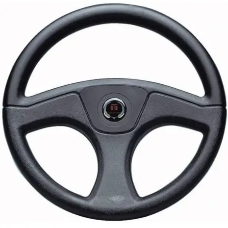 SeaStar Ace steering wheel - front view of the black three-spoke wheel SeaStar Ace steering wheel - front view of the black three-spoke wheel