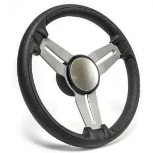 SeaStar Commander steering wheel - angled view of the black and stainless-steel wheel