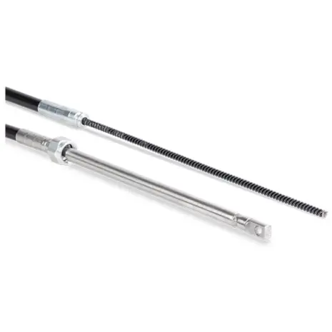 Seastar Safe T QC Rotary Steering Cable - close-up of steering cable with silver metal sleeves and end fittings Seastar Safe T QC Rotary Steering Cable - close-up of steering cable with silver metal sleeves and end fittings