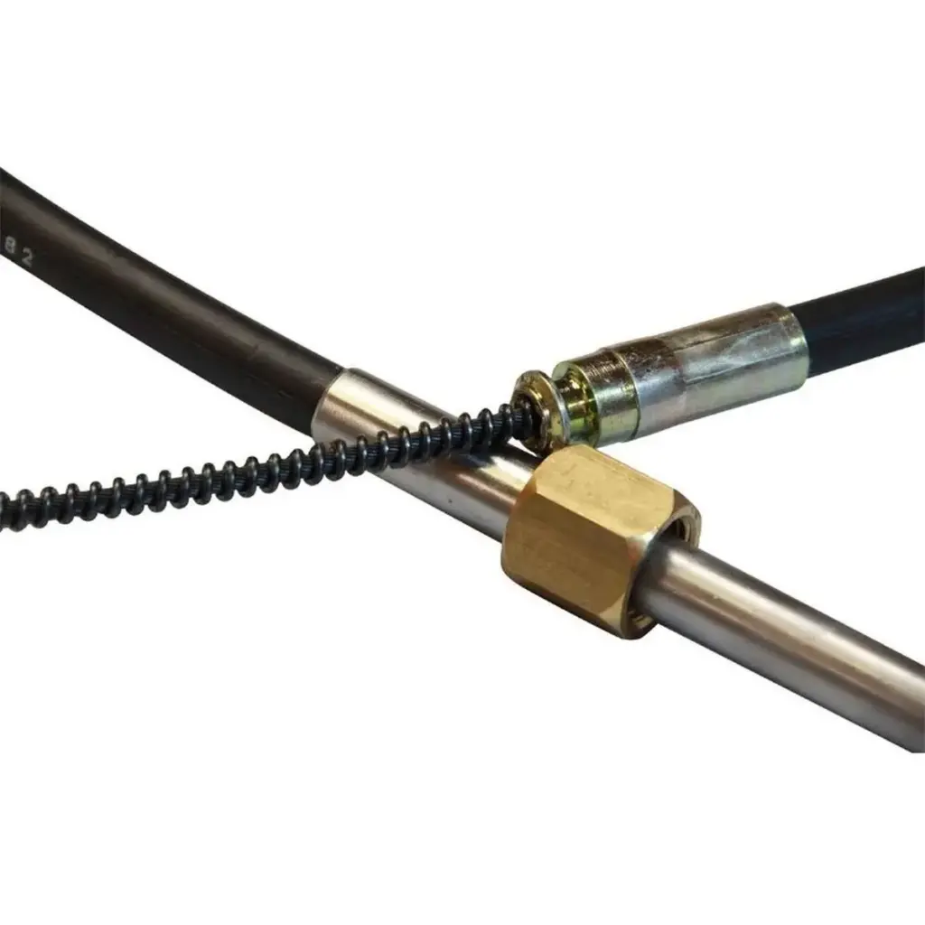 Ultraflex M66 Steering Cable - close-up of steering cable with metal sleeves and threaded fittings