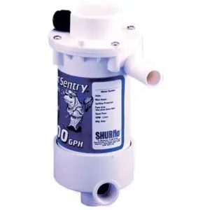 Shurflo Bait Sentry pump - white cylindrical pump with side outlets and blue label