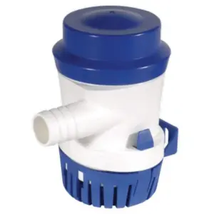 Shurflo bilge pump - blue and white cylindrical pump with side outlet and slotted base