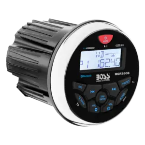BOSS Audio MGR350B Marine Gauge Receiver - angled view of the receiver display and housing